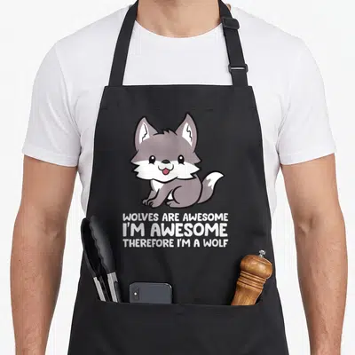 Therefore wolves apron - Cartoon grey wolf sitting above white text Wolves Are Awesome I'm Awesome Therefore I'm A Wolf — shown on a black cotton canvas apron against a white background