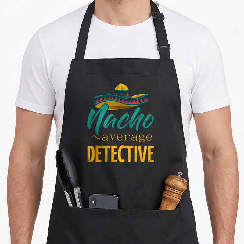 Detective mexican apron - Yellow sombrero above teal script and block text reading Nacho Average Detective in red — shown on a black cotton canvas apron against a white background