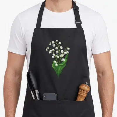 Spring white lily apron - Realistic lily of the valley stem with white bells and large green leaves on black fabric — shown on a black cotton canvas apron against a white background