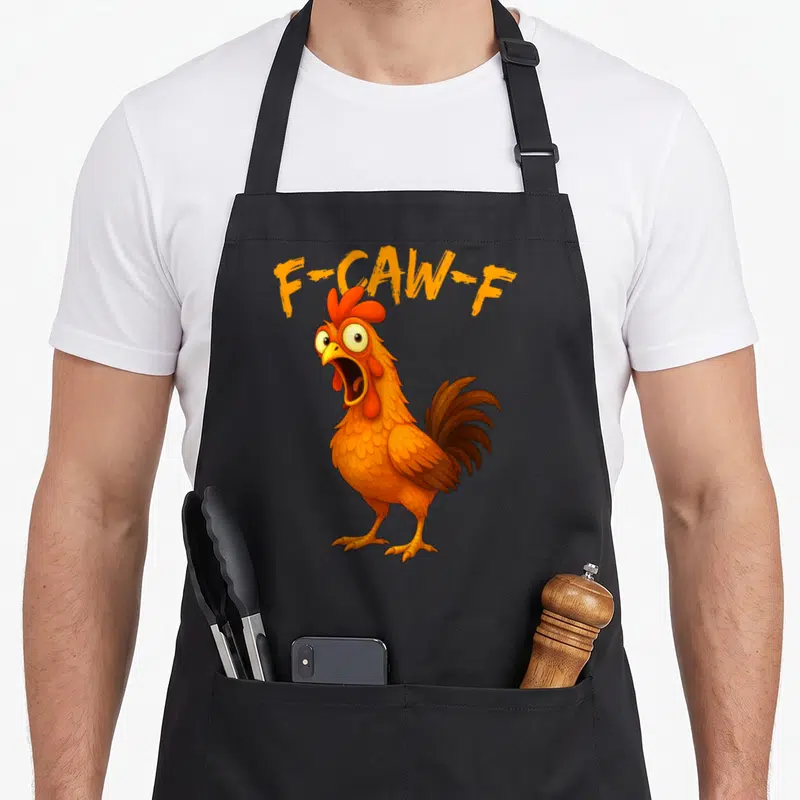 Caw rooster apron - Orange cartoon chicken with open mouth under arched F-CAW-F text — shown on a black cotton canvas apron against a white background