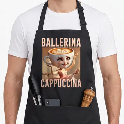 Ballerina italian apron - Cartoon coffee cup ballerina with BALLERINA CAPPUCCINA text in pink and brown — shown on a black cotton canvas apron against a white background