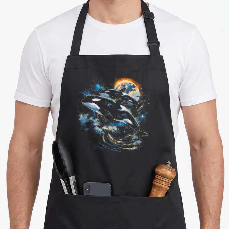 Space orca dad apron - Two leaping orcas with moon and swirls in blue gold orange white digital art — shown on a black cotton canvas apron against a white background