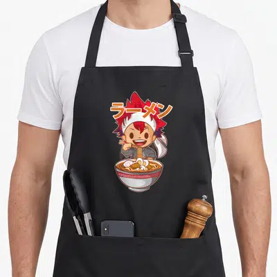Ramen food wars apron - Japanese text above chibi chef lifting noodles from bowl with red and orange accents — shown on a black cotton canvas apron against a white background