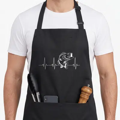 Heartbeat fishing aprons - White line-art bass jumping from a heartbeat EKG pulse line — shown on a black cotton canvas apron against a white background