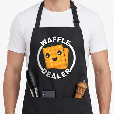 Retailer food aprons - Two orange waffles with faces inside white circle with arched text — shown on a black cotton canvas apron against a white background