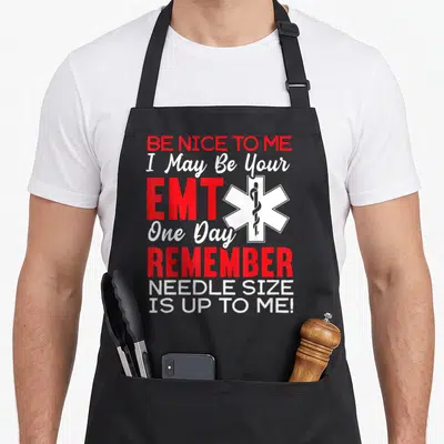 Emt paramedic apron - Red and white text stacked vertically with white star of life and rod of asclepius on grey — shown on a black cotton canvas apron against a white background
