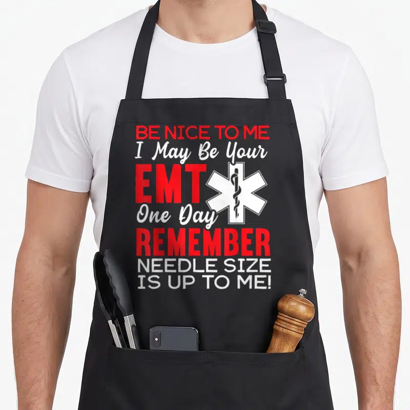 Emt paramedic apron - Red and white text stacked vertically with white star of life and rod of asclepius on grey — shown on a black cotton canvas apron against a white background