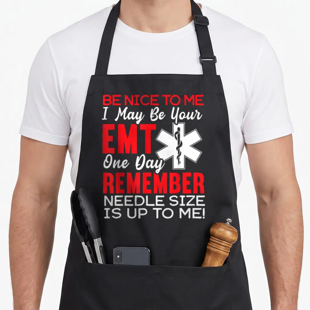 Emt paramedic apron - Red and white text stacked vertically with white star of life and rod of asclepius on grey — shown on a black cotton canvas apron against a white background