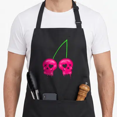 Skull cherry apron - Two pink melting skulls shaped like cherries with grey hearts and green stem — shown on a black cotton canvas apron against a white background