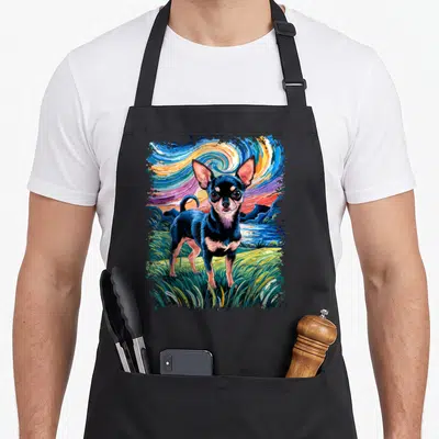 Smooth chihuahua dog apron - Realistic chihuahua standing in grass before a swirling blue and yellow artistic sky — shown on a black cotton canvas apron against a white background