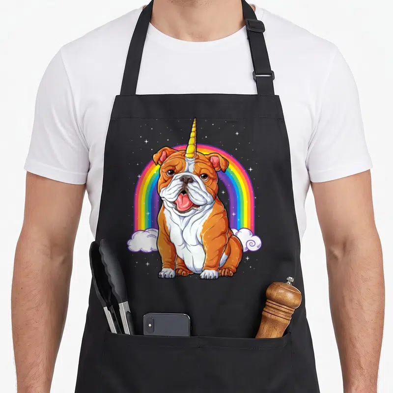 Space english chef aprons - Cartoon brown and white bulldog with yellow horn sitting under a rainbow with stars — shown on a black cotton canvas apron against a white background