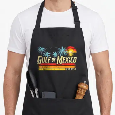 Forever mexico apron - Retro Gulf of Mexico text with palm trees, sunset stripes, and EST 1550 on black apron — shown on a black cotton canvas apron against a white background