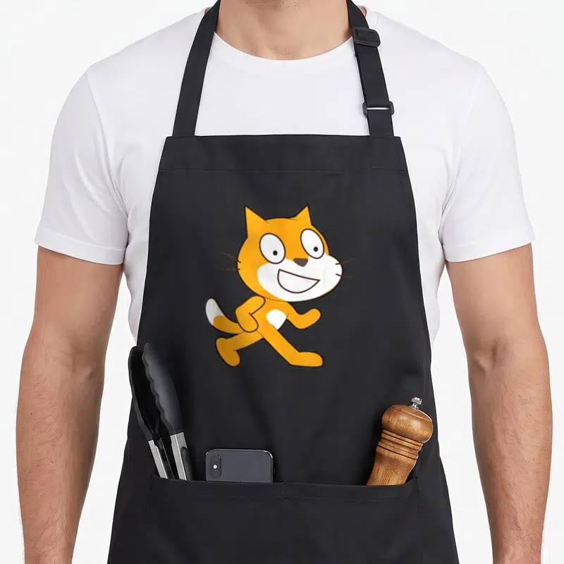 Funny cat apron for the grill master - Running orange cartoon cat with white face and black outlines — shown on a black cotton canvas apron against a white background