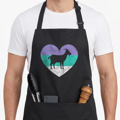 Funny food goat apron - Grey goat silhouette inside a heart with horizontal purple, teal, and white stripes — shown on a black cotton canvas apron against a white background