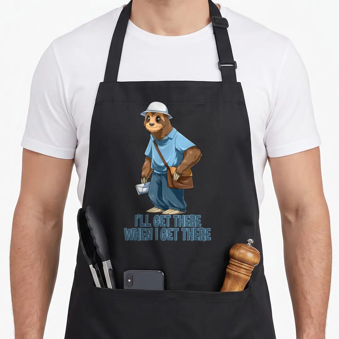 Mailman sloth apron - Cartoon brown sloth in blue shirt holding white envelope with blue pun text below — shown on a black cotton canvas apron against a white background