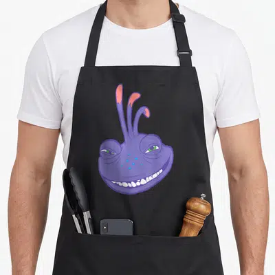 Randall boy monster apron - Purple cartoon monster head with green eyes, white teeth, and pink antennae tips — shown on a black cotton canvas apron against a white background