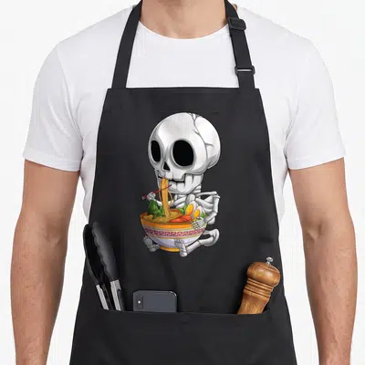 Skeleton kawaii aprons - Cartoon skeleton sitting cross-legged eating ramen noodles with red chopsticks and yellow broth — shown on a black cotton canvas apron against a white background