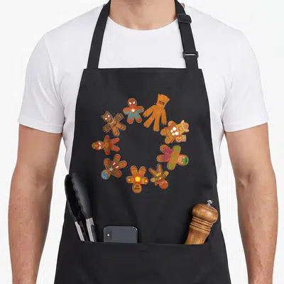 Circle gingerbread apron - Seven gingerbread superhero cookies in a ring with red blue and green icing — shown on a black cotton canvas apron against a white background