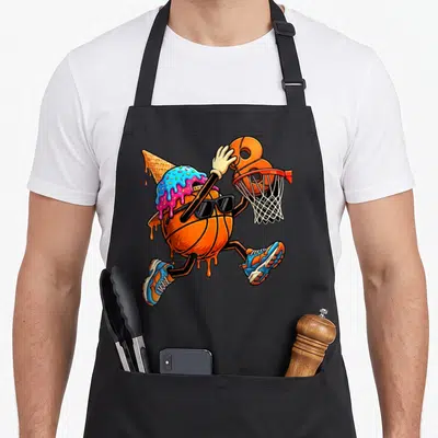8th birthday ice cream apron - Jumping orange basketball character wearing sunglasses and sneakers with melting pink — shown on a black cotton canvas apron against a white background
