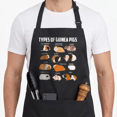 Guinea different types of apron - Chart of twelve cartoon guinea pig breeds labeled Abyssinian, Teddy, Rex, and others — shown on a black cotton canvas apron against a white background