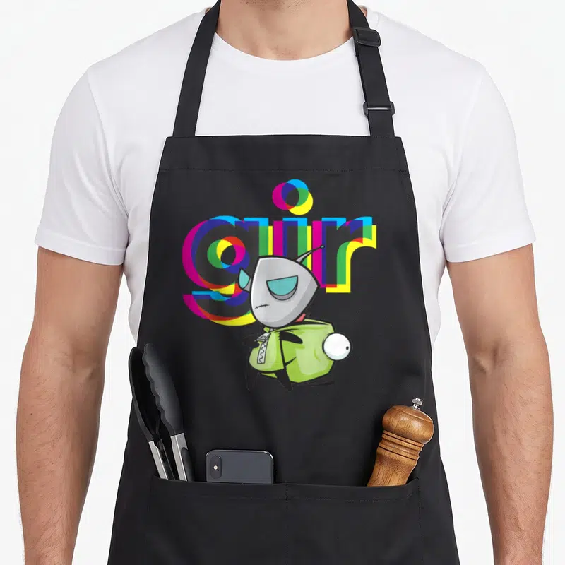 Invader colorful apron - Robot Gir standing in front of multi-colored gir text in cyan, magenta, yellow, grey, and lime — shown on a black cotton canvas apron against a white background