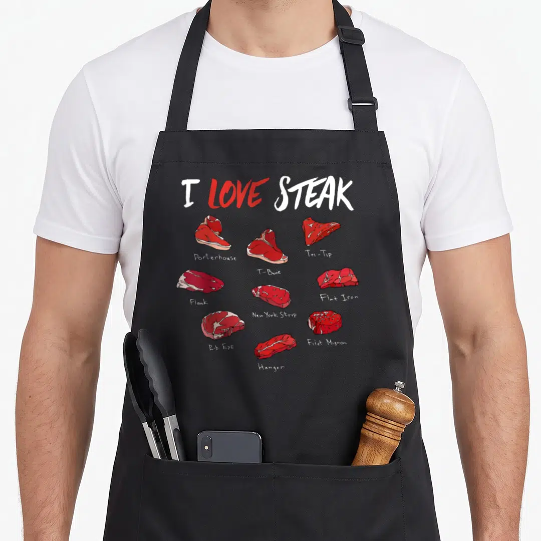 Food i love steak apron - I Love Steak text above ten red and white illustrated raw beef cuts labeled with names — shown on a black cotton canvas apron against a white background