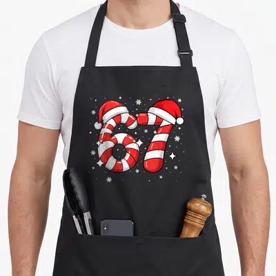 Meme candy cane apron - Number 67 formed by red and white candy canes wearing Santa hats with snowflakes — shown on a black cotton canvas apron against a white background