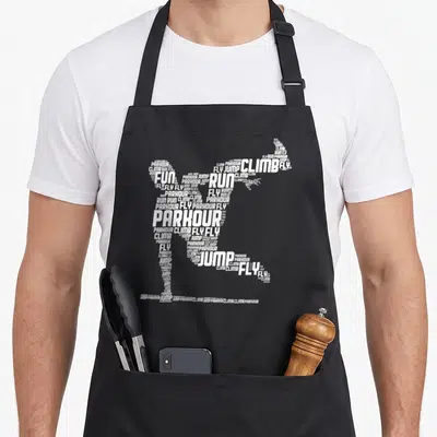 Parkour jump apron - White typography silhouette of a jumping person made from words PARKOUR CLIMB FLY RUN JUMP FUN — shown on a black cotton canvas apron against a white background