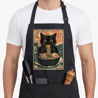 Wave cat apron - Black cat eating ramen noodles with kanji characters on orange and teal wave background — shown on a black cotton canvas apron against a white background
