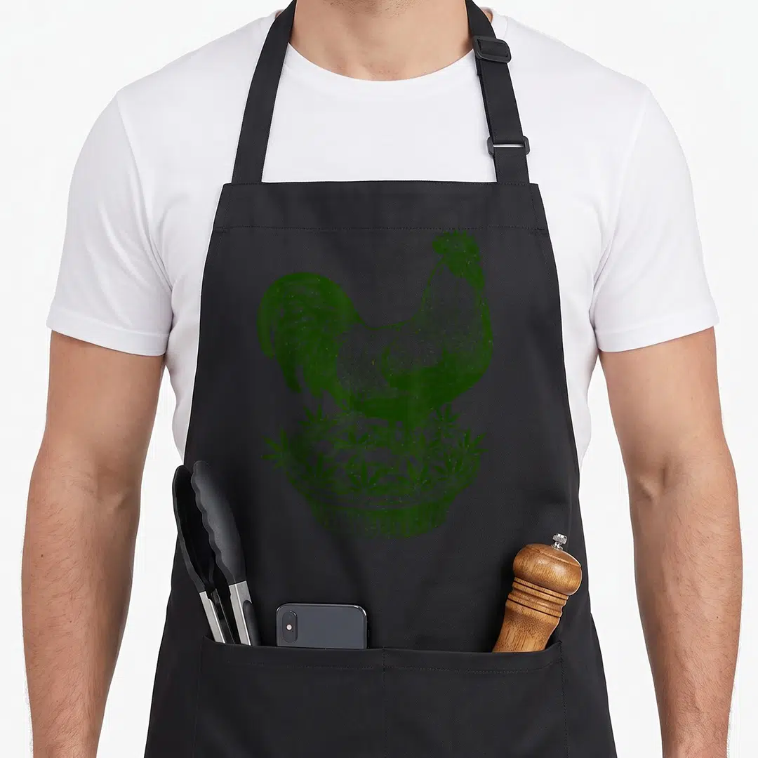 Ray pie apron - Green line art of a rooster standing on a pie crust filled with cannabis leaves — shown on a black cotton canvas apron against a white background