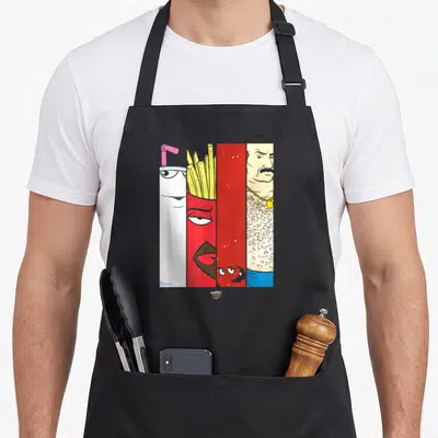 Tile aqua apron - Four vertical cartoon character panels in red, white, yellow, and tan — shown on a black cotton canvas apron against a white background
