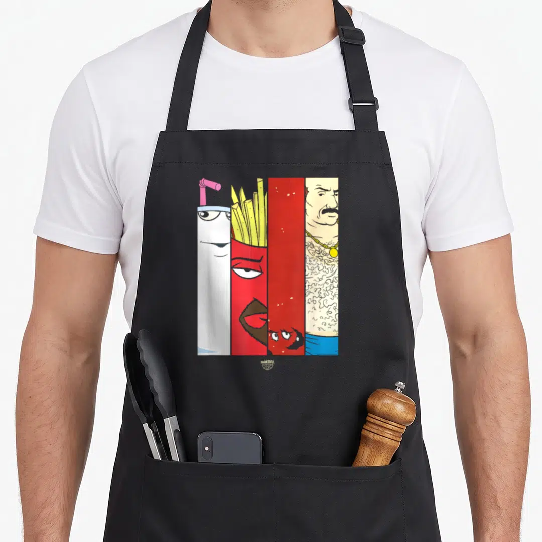Tile aqua apron - Four vertical cartoon character panels in red, white, yellow, and tan — shown on a black cotton canvas apron against a white background