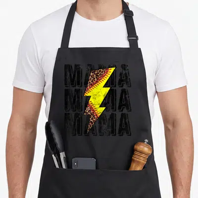 Thunderstorm mother's day aprons - MAMA text stack with yellow lightning bolt, red stitching, and leopard print — shown on a black cotton canvas apron against a white background