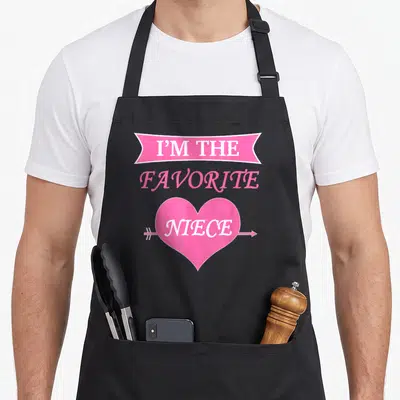 Cute niece apron - Pink banner reading I'M THE FAVORITE NIECE above a pink heart pierced by a white arrow — shown on a black cotton canvas apron against a white background