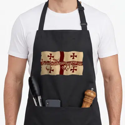 Flag georgian apron - Distressed beige flag with four red crosses and Georgian script Sakartvelo across the center — shown on a black cotton canvas apron against a white background