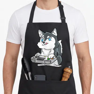Gaming husky apron - Cartoon grey and white husky sitting with blue eyes holding a game controller — shown on a black cotton canvas apron against a white background