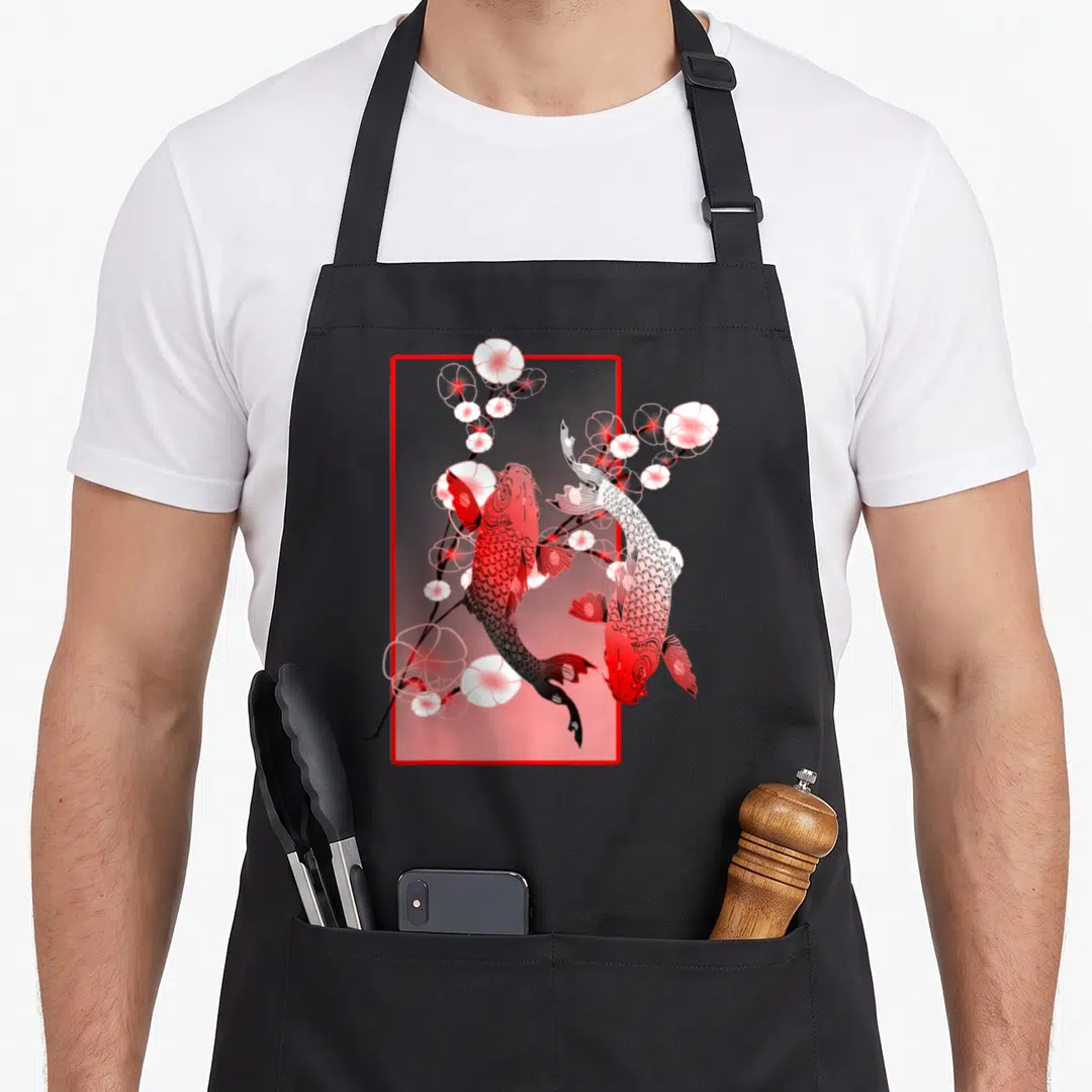 Japanese cherry apron - Two red and white koi fish swimming near cherry blossoms inside a red frame — shown on a black cotton canvas apron against a white background