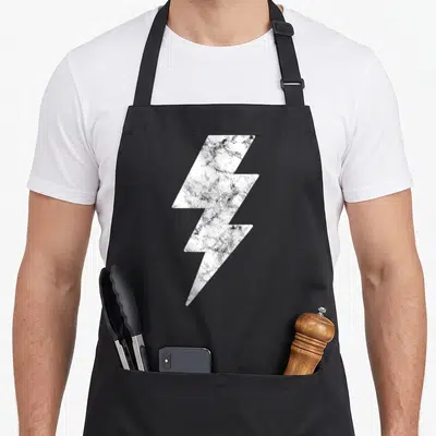 Funny lightning lighting bolt apron - Distressed white lightning bolt graphic centered on grey background — shown on a black cotton canvas apron against a white background