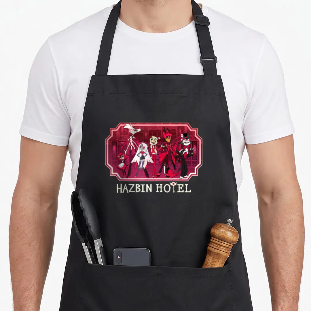 Hazbin hotel aprons - Five cartoon characters in pink frame with HAZBIN HOTEL text below on red background — shown on a black cotton canvas apron against a white background