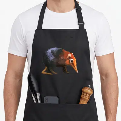 Elephant ddd animals apron - Realistic aardvark illustration in blue, brown, and orange colors — shown on a black cotton canvas apron against a white background