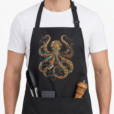 Octopus floral apron - Detailed octopus illustration with blue orange and yellow floral patterns on black apron — shown on a black cotton canvas apron against a white background