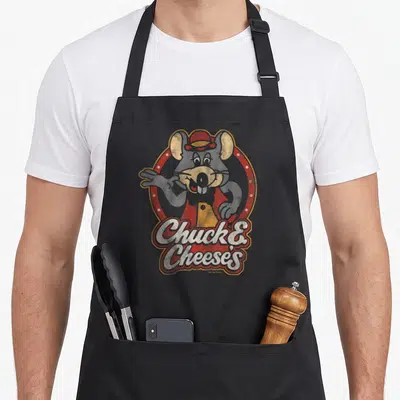 Chuck e.a apron - Grey cartoon mouse in red circle with white script text reading Chuck E. Cheese's — shown on a black cotton canvas apron against a white background