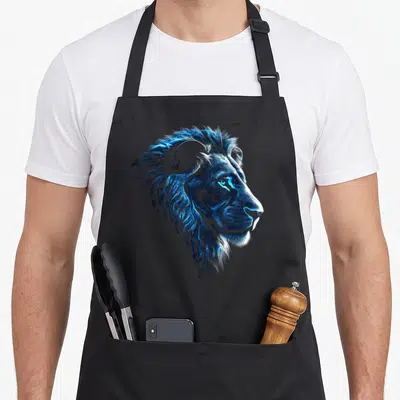 Blue lion apron - Realistic lion head facing right in blue white and black ink — shown on a black cotton canvas apron against a white background