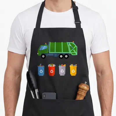 Recycling truck apron - Green garbage truck above blue red purple and yellow bins filled with trash — shown on a black cotton canvas apron against a white background