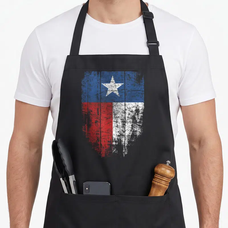 Distressed state texas apron - Distressed shield shaped Texas flag with lone star in blue red and white — shown on a black cotton canvas apron against a white background