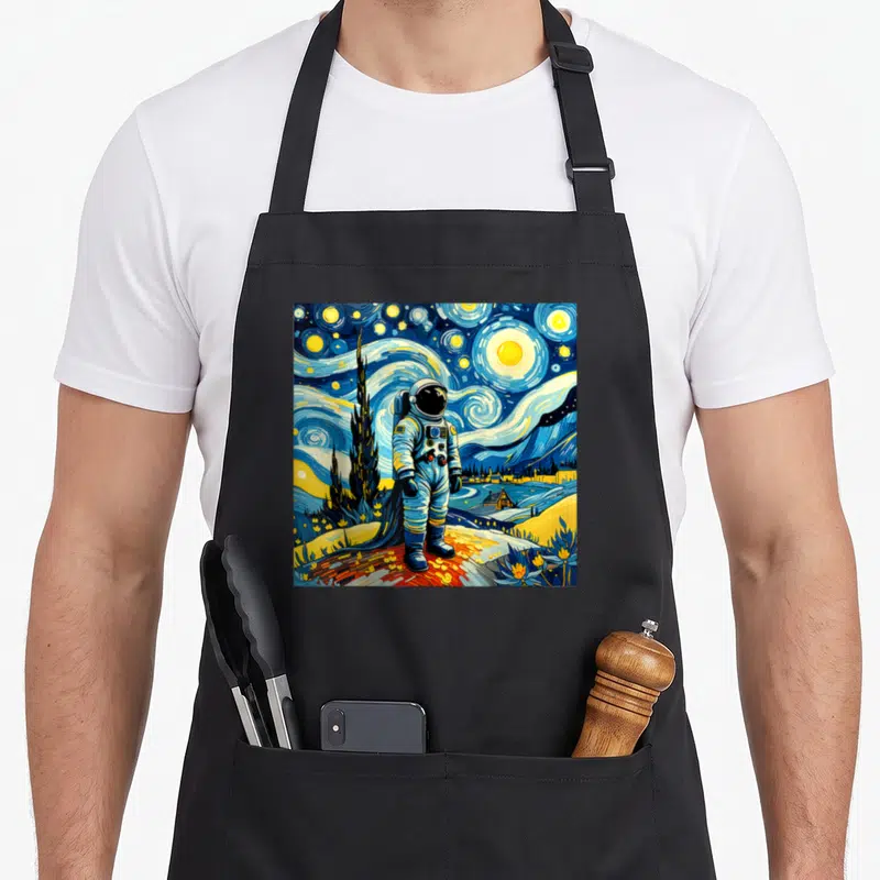 Astronaut van gogh apron - Astronaut standing on a path in a swirling blue yellow and white starry night sky — shown on a black cotton canvas apron against a white background