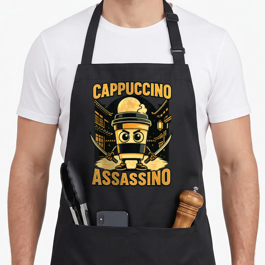 Rot italian apron - Cartoon coffee cup holding two swords with cappuccino assassino text arching above and below — shown on a black cotton canvas apron against a white background