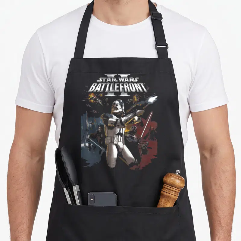 Battlefront video game apron - Clone trooper with lightsaber figures and explosions under stacked STAR WARS BATTLEFRONT — shown on a black cotton canvas apron against a white background