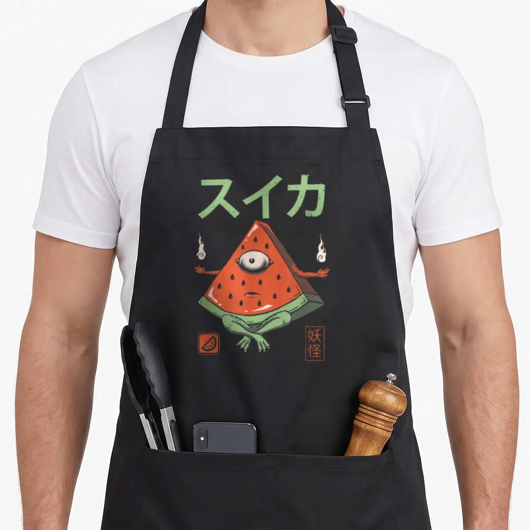 Yokai watermelon apron - Japanese text above red watermelon monster with one eye and green frog legs flanked by flames — shown on a black cotton canvas apron against a white background