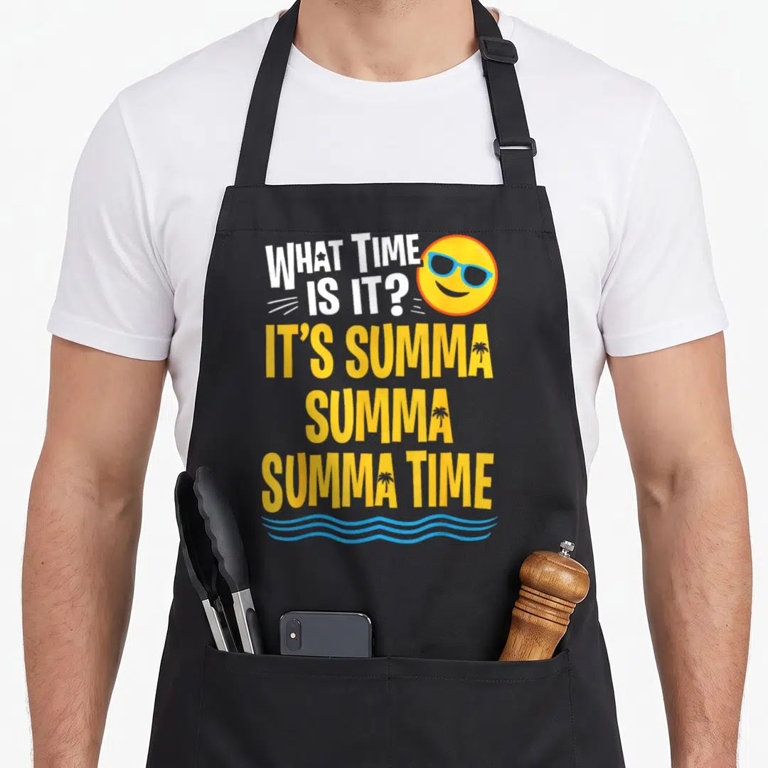 Palm teacher apron - Summer time text with palm trees in yellow letters, sunglasses emoji, and blue waves — shown on a black cotton canvas apron against a white background